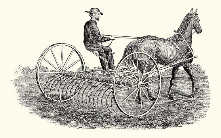 Ein Pferderechen im Einsatz (Illustration aus dem 19. Jahrhundert)﻿﻿. Bild: M&N, Alamy Stock Photo